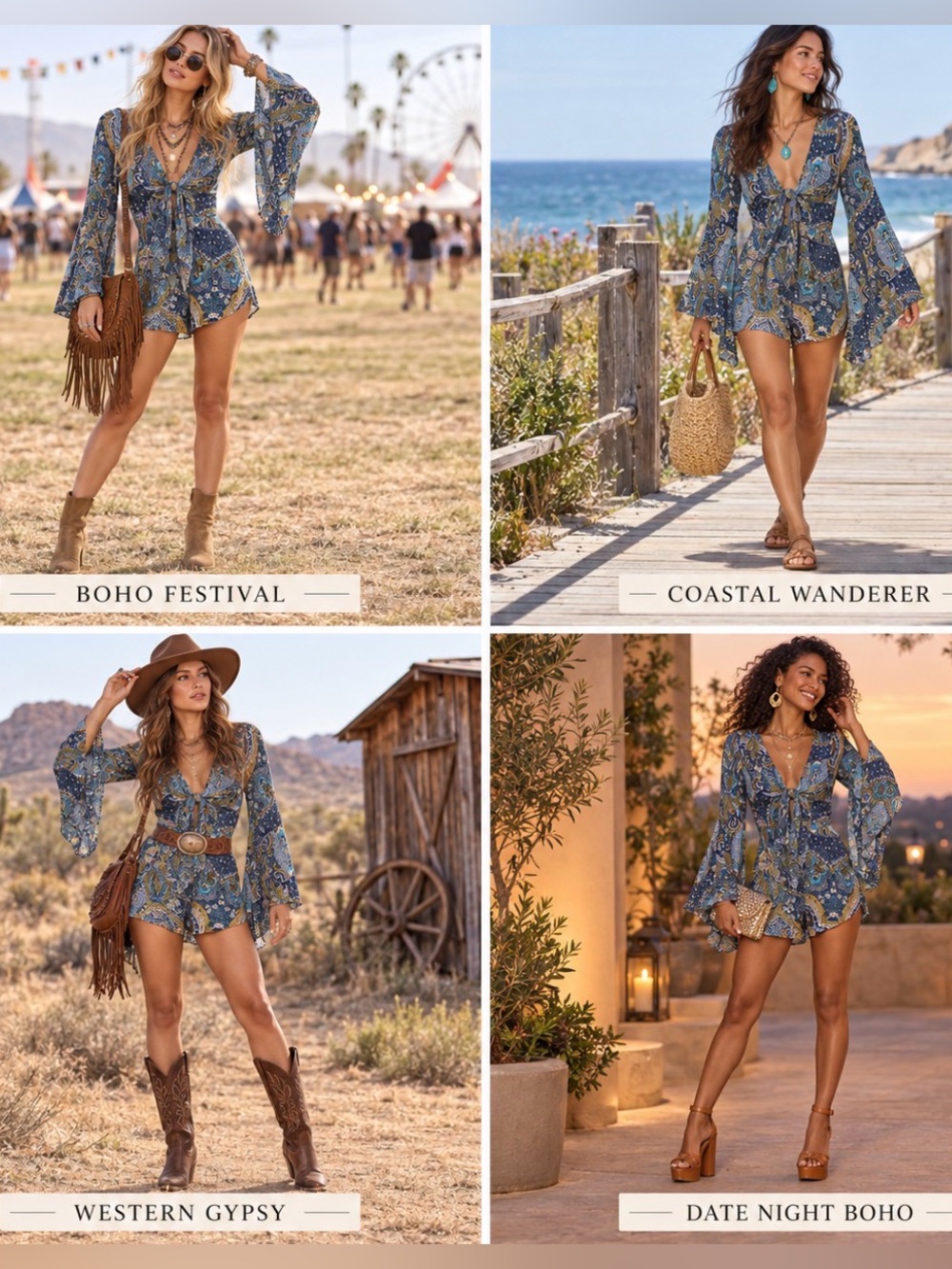 Women M Paisley Romper Loose Playsuit Bell Sleeve Boho Indie Hippie Gypsy Girly
